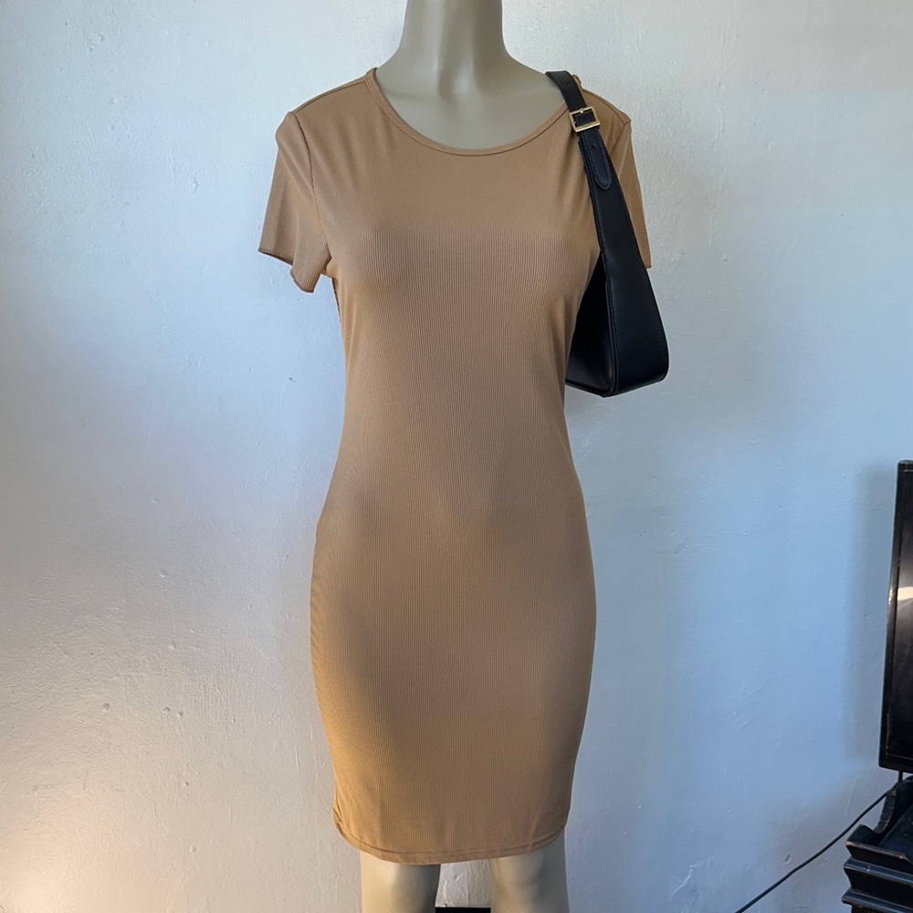 Classic Short Sleeve Tan Bodycon Dress